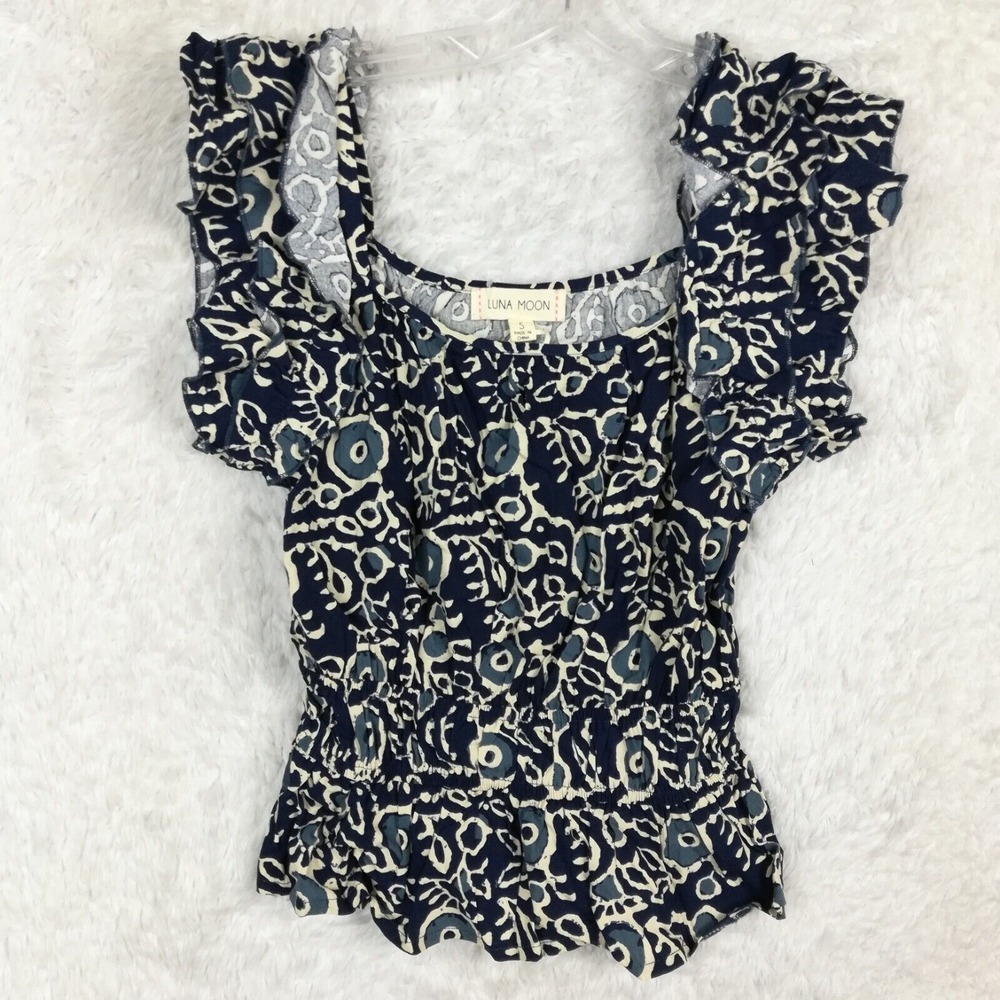 Luna Moon Womens Top Blouse Navy Cream Abstract Ruffle Cap Sleeve Boho S New